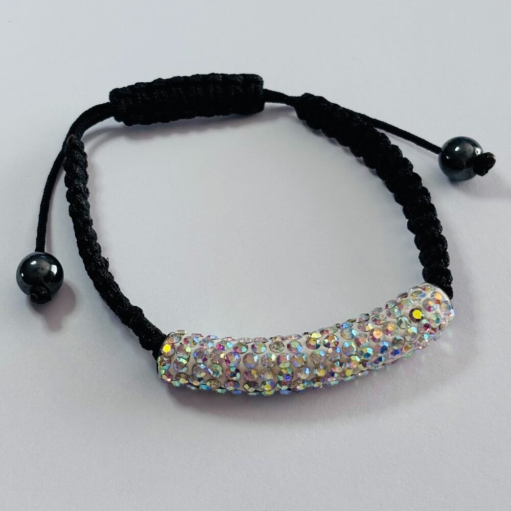 Crystal Rhinestone Adjustable Shamballa Bracelet Black Cord AB Sparkle